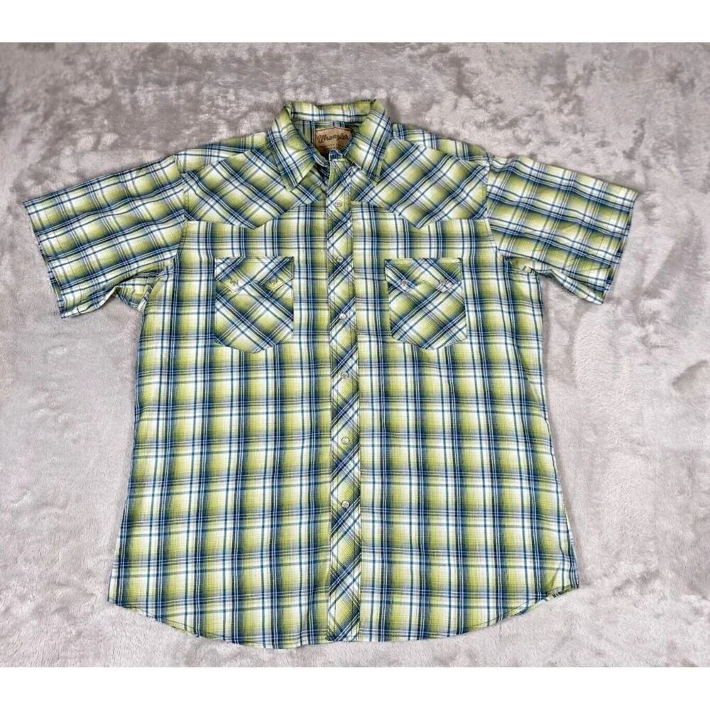 Wrangler Mens Western Cowboy Shirt Green Plaid Short Sleeve Pocket Pearl Snap L